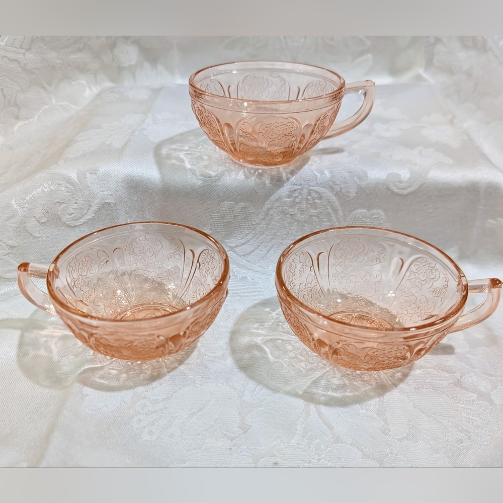 Jeannette Cherry Blossom Pink Depression Glass Child's Teacups (Set of 3)